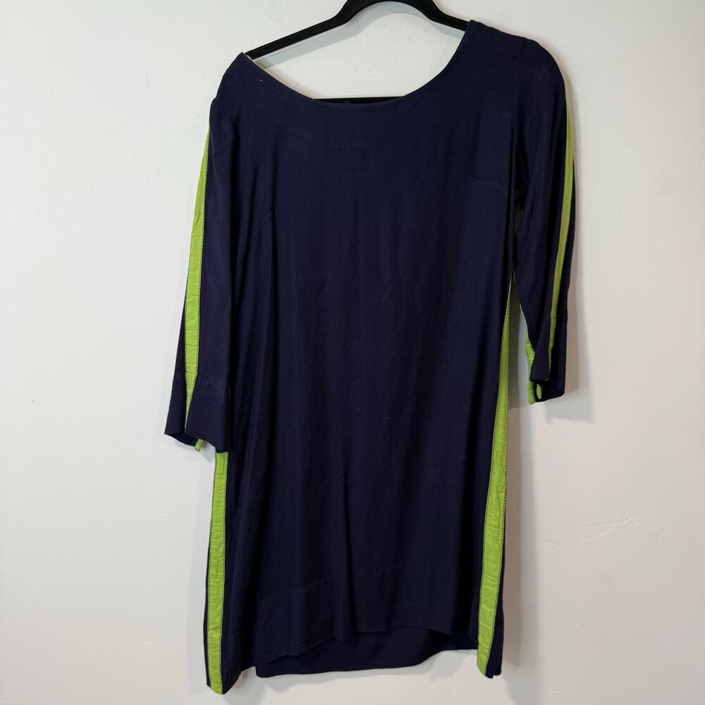 GRETCHEN SCOTT Designs 100% Viscose Colorblock 3/4 Sleeve Dress Navy Green Large